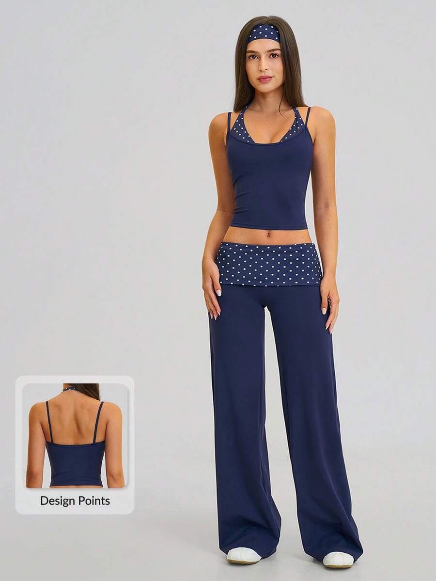 MASKERT Ladies' contrasting color back vest sports pants set yoga training running set tennis golf Pilates - 藍白色 - 查看 1