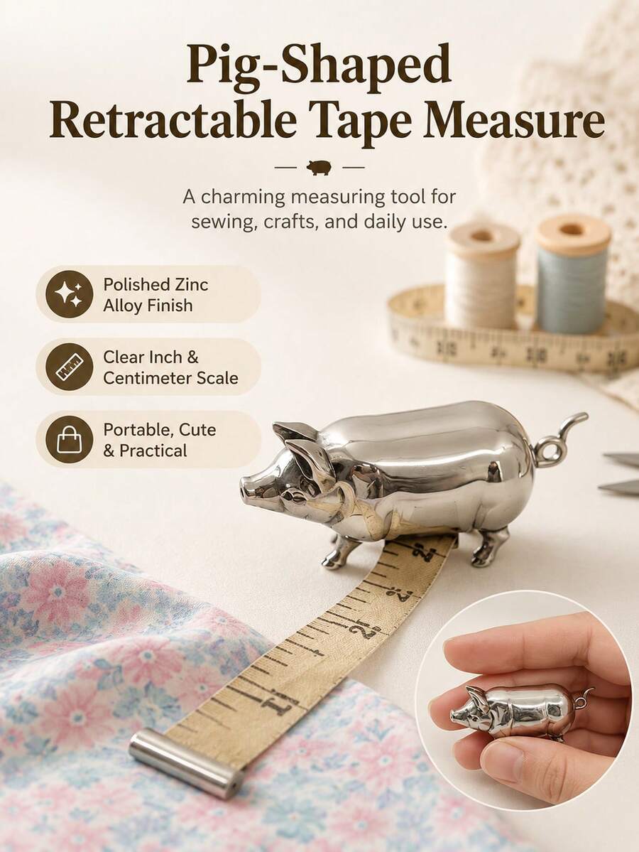 Vintage Style Mini Pig Tape Measure, Retro Metal Pig Soft Tape Measure, Suitable For Sewing And Crafts, Cute Pig Sewing Tape Measure Tool, Unique Gift For Patchworkers, Crafters And Collectors