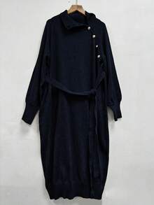 YI XUAN Women's High Neck Long Sleeve Dress With Button Decor And Waist Design, Mid-Length Wool Knit Dress, Suitable For Autumn/Winter - Royal Blue - View 7