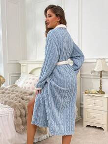 Women's Autumn/Winter Long Sleeve Belted House Robe, Fluffy Loose Comfortable Soft Contrast Color Plush Sleepwear - Blue - View 6