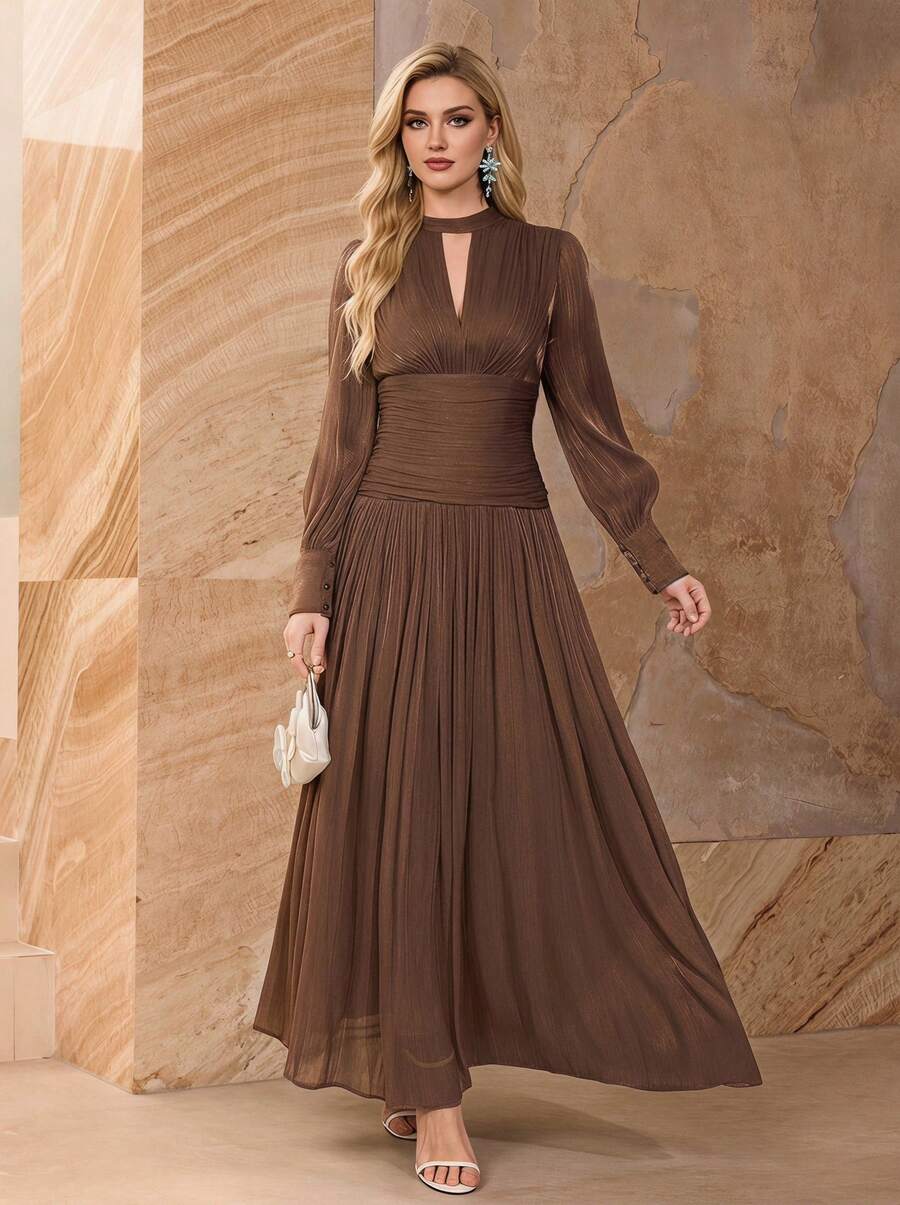 Glazenia Long Sleeve Brown Glitter A-Line Dress, Decorated With Pleated Details, Back Tie Design, Elegant Long Style - Coffee Brown - View 1