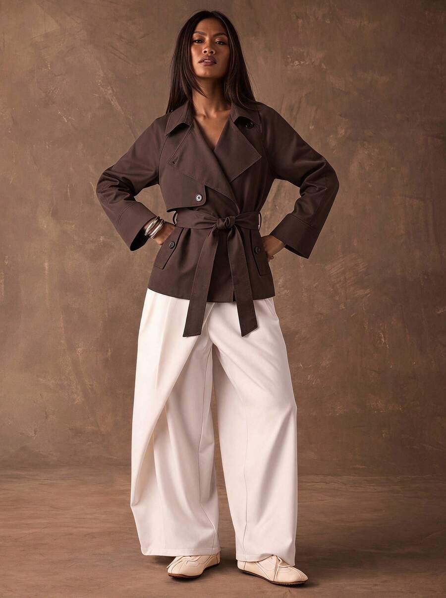 Old Money Lace-Up Vintage Minimalist Short Brown Trench Coat Spring - Brown - View 1
