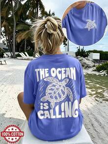 Double-Sided Print Women's Vintage Loose Tee, Turtle & Waves Graphic "The Ocean Is Calling" Text, Drop Shoulder Oversized 100% Cotton Best Seller - 紫色 - 查看 9