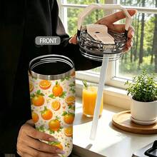 1/5 pezzi Bicchiere termico isolato sottovuoto da 30 once con scatola regalo, stampa di fiori e foglie di arancia crema arancione brillante, manico pieghevole portatile, coperchio a doppio ribaltamento antiscivolo, tazza a doppia parete per spiaggia e campeggio, regalo estivo vivace e fresco con frutta - Arancia - Visualizzare 2