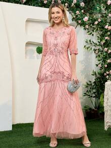JINLICX Luxury Dusty Pink Round Neck Beaded Sequin Mesh Flowy Banquet Evening Gown - Pink - View 5