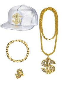 4Pcs D EXCEED 80s 90s Hip Hop Costumes Outfit Kit Fake Gold Chain Necklace Dollar Sign Cap Jewelry Set Rapper Accessories - Multicolor - View 10