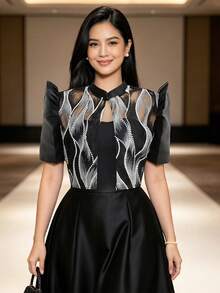 現代菲律賓風情女式蝴蝶袖上衣 1件裝 針織開襟上衣 日常、度假、辦公適用 - 黑色 - 查看 5
