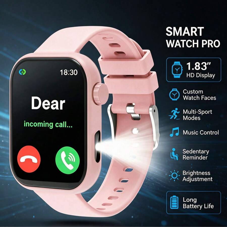 1.83 Inch HD Display Smart Sports Watch With Flashlight, Wireless Calling, Multiple Sports Modes, Sedentary Reminder And More, Suitable As Gift For Friends And Couples, Compatible With Android And IOS - View 1