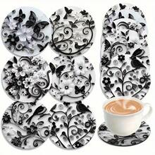 6pcs Black & White Floral Art Acrylic Coasters, Suitable For Patio Table, Kitchen, Living Room - Best Gift For Friends And Family - Multicolor - View 2