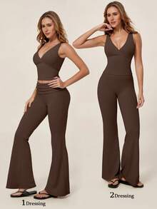 TimeOff 1 Conjunto de Mujer de unicolor con Camiseta sin Espalda con Cuello en V Desmontable con Acolchado y Pantalones Acampanados para Deporte - Marrón - Ver 1