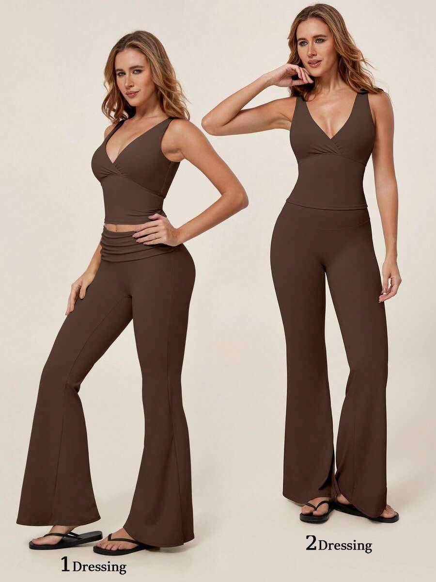 TimeOff 1 Conjunto de Mujer de unicolor con Camiseta sin Espalda con Cuello en V Desmontable con Acolchado y Pantalones Acampanados para Deporte - Marrón - Ver 1