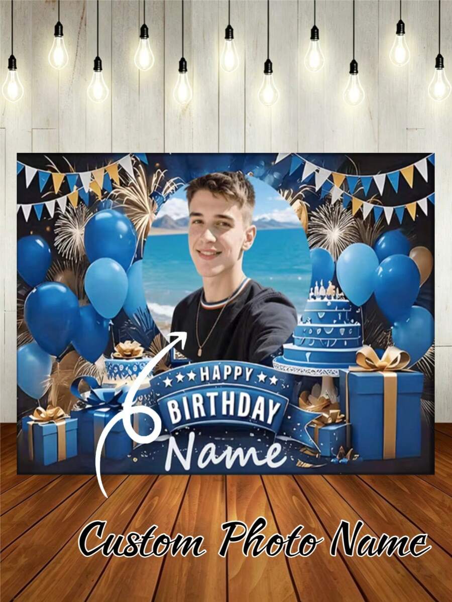 可客製化照片與姓名海軍藍氣球生日快樂背景布,金色煙火旗幟藍色氣球禮物盒裝飾設計,適用生日派對蛋糕砸碎背景裝飾攝影道具乙烯基 - 藍色 - 查看 1