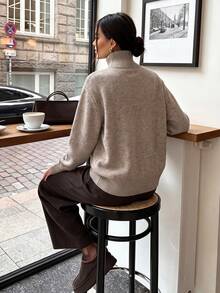 VIBEWAVE Loose Drop Shoulder High Neck Oatmeal Knit Sweater, European Old Money Style Minimalist Solid Color Split Long Sleeve Top, Soft Skin-Friendly Knit Cardigan For Autumn/Winter Cafe Commute And City Street Style - Apricot - View 5