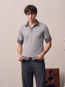 Men's Gray Contrast Trim Polo Shirt, 2 In 1 Short Sleeve Casual Knit Top - Grey - View 3