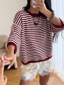 2026 New Autumn/Winter Women's Contrast Striped Loose Oversized 3/4 Sleeve Knit Sweater, Dropped Shoulder Round Neck Soft Fuzzy Striped Pullover Fall - Maroon - View 6