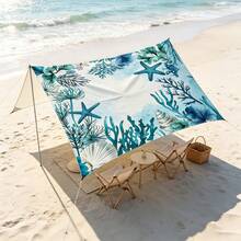 1pc Ocean Starfish Coral Print Outdoor Sunshade Canopy, Lightweight Breathable Waterproof Camping Tarp, Includes Ropes And Ground Stakes, UV Protection Windproof Sun Shelter, Suitable For Beach, Garden, Patio, Picnic, Yard - Baby Blue - View 4