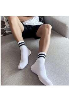 1/5/10/15/20 Pairs Black & White Striped Mid-Calf Socks, Breathable Business Casual, Shark Series Soft Anti-Odor, Unisex Sports Style, Warm Autumn/Winter Christmas Gift - Multicolor - View 2