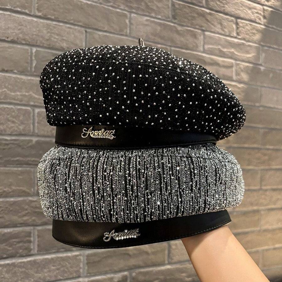 Fashion Handmade Rhinestone Starry Newsboy Cap Women's Versatile Beret Spring Autumn Metal Letter Fully Rhinestone Painter Hat Vintage Artistic Style Beret Daily Wear Hat - Butterfly - View 1