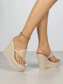 波西米亞沙灘裸色扇形夾腳楔形涼鞋，多層繩編厚底一腳蹬圓頭海邊度假鞋 - 杏色 - 查看 6