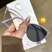 1 pièce Lunettes de mode polyvalentes pour femmes, multifonctionnelles, à strass bicolores, en métal, style œil de chat, changeant de couleur, pour intérieur/extérieur - Or violet/Verres photochromiques - Voir 11