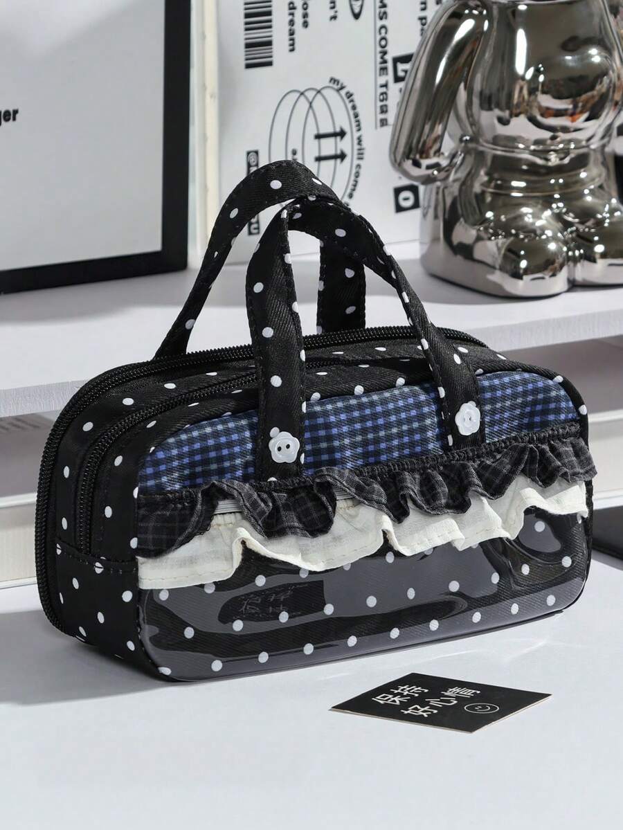 1 buah Dompet Pensil Polkadot Ruffle Renda Kawaii, 4 Lapisan, Pegangan Lembut, Tas Penyimpanan Siswa Lucu, Untuk Musim Kembali ke Sekolah, Anak, Hari Pertama Sekolah