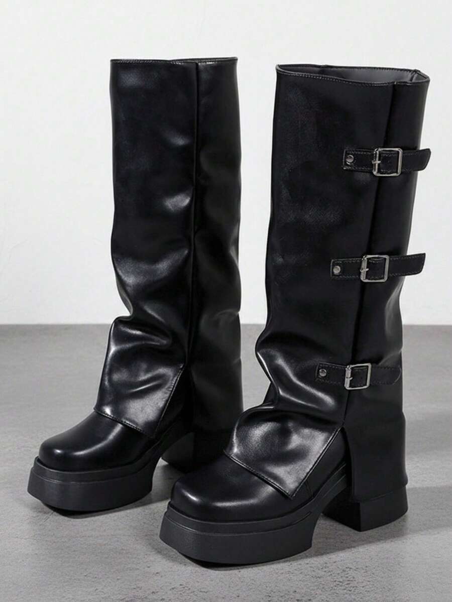 3-Buckle Ruched Stacked Thick Sole Chunky Heel Knee-High Boots, Plus Size Women's Y2K Nightclub Sweet & Cool Style - Black - View 1