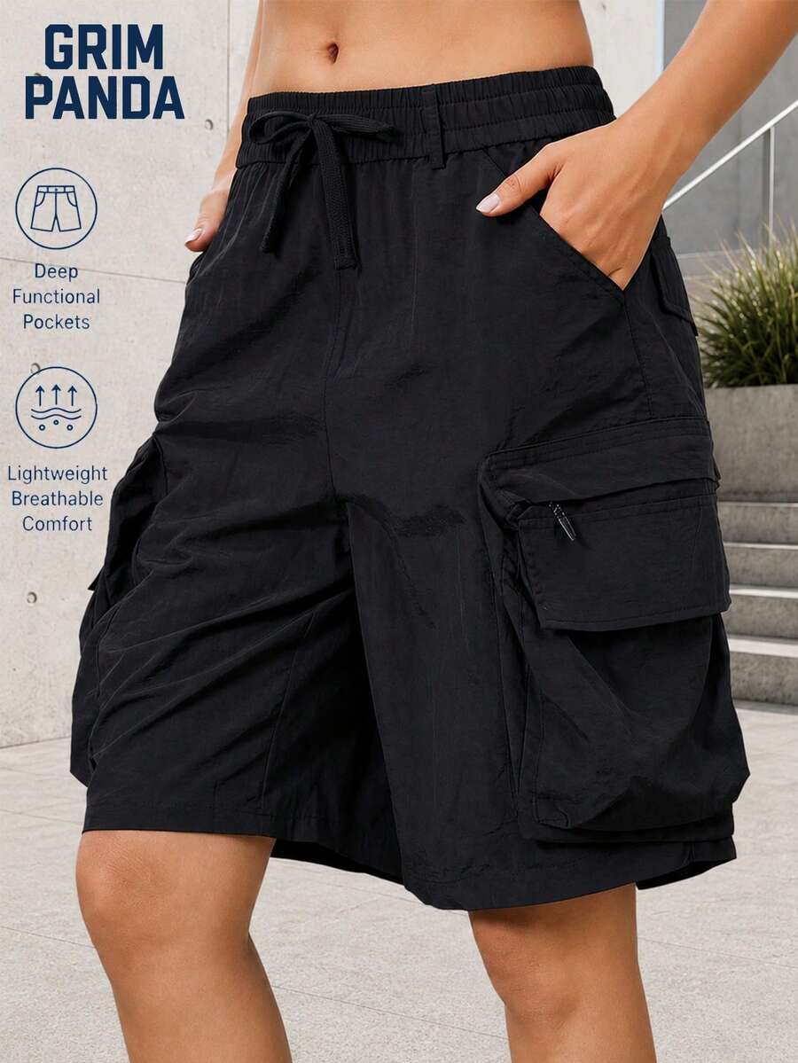 GRIM PANDA Women's Loose Multi-Pocket Cargo Shorts, Drawstring Quick-Dry Breathable Multifunctional Shorts, Summer Sports Outdoor Yoga Daily Casual Wear - Black - View 1