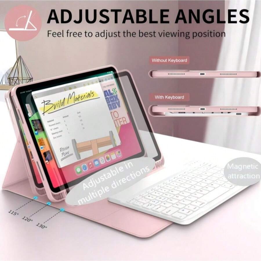 Keyboard Leather Case Tablet Protective Cover, Book-Style Tablet Protective Shell, Ultra-Thin Bluetooth Keyboard + Tablet Protective Case Stand, Shockproof/Anti-Vibration/Dust-Proof/Anti-Fingerprint, Truly Magnetic Sleep/Wake Function, Can Hold Bluetooth Magnetic Keyboard, Secure Magnetic Attachment, Product Does Not Include Capacitive Stylus, Multiple Color Options Tablet Protective Case - 粉色 - 查看 1