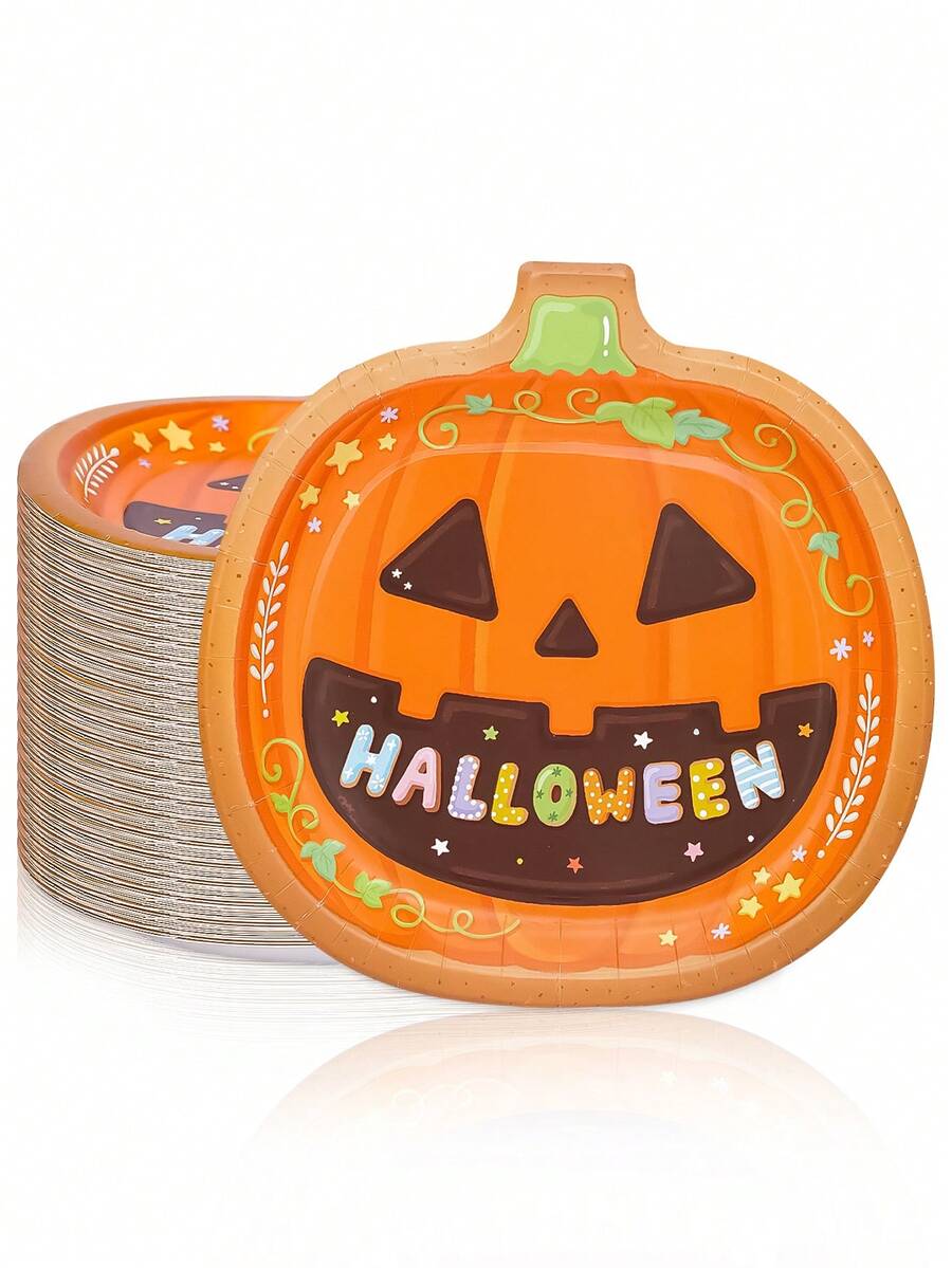 10pcs/20pcs/30pcs/50pcs/100pcs Cute Halloween Paper Plates, 9.4 Inch Pumpkin Shaped Dinner Plates, Colorful Happy Halloween Printed Paper Trays, Halloween Party Tableware, Halloween Trick Or Treat, Spooky Birthday Snack Serving Supplies - Orange Pumpkin - View 1