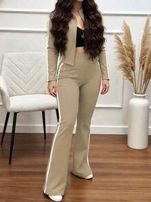 Women's Casual 2 Pieces Tracksuit Set For Spring/Autumn, Featuring A Stand Collar Short Striped Zip-Up Jacket Paired With Striped Straight-Leg Pants, Slightly Stretchy Yoga Outfit For Slim Fit - Apricot 18 - View 4