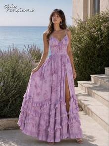 Purple Floral Chiffon V-Neck Backless Tiered A-Line Maxi Dress - 紫色 - 查看 8
