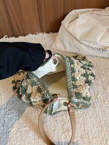 Dedoo 女款手工編織格紋拼色大容量托特包，沙灘包，適合夏季、度假與日常使用，旅行必備，女款夏季草編沙灘包，最受歡迎的女款沙灘包，沙灘必備，適用於沙灘使用 - 綠色 - 查看 11