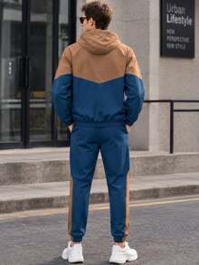 1 Set Men's Brown & Blue Colorblock Hooded Sportswear, Spring/Autumn, Includes Colorblock Zip-Up Jacket & Cuffed Joggers - Royal Blue - View 2