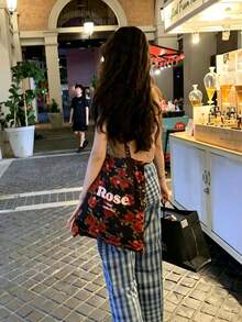 French-Inspired South Seas-Style Canvas Bag With Vintage Red Roses, Shoulder Strap, Large Capacity Perfect For Daily Commuting And Business Use - Rose Red - View 5