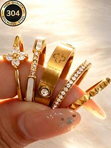 VJS 2026 Set Cincin Tumpuk Stainless Steel Berlapis Emas 18K Terbaru, Gaya Wanita, Motif Daun Semanggi, Dekorasi Putih dan Cincin Berlian Penuh yang Dipersonalisasi, Perhiasan Minimalis Hypoallergenic, Hadiah Hari Ibu yang Sempurna, Pesta, Liburan, Aksesori Pemakaian Sehari-hari, Satu Set Mengatasi Kekhawatiran Akan Aksesori - Yellow Gold - View 12