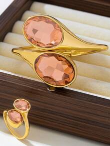 1pc Vintage Multi-Color Rhinestone Open Cuff Bracelet & Matching Ring, 2pcs Luxury Gold-Tone Set - Champagne - View 5