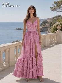 Pink Purple Floral Chiffon V-Neck Backless Tiered A-Line Maxi Dress - 粉紅紫 - 查看 3