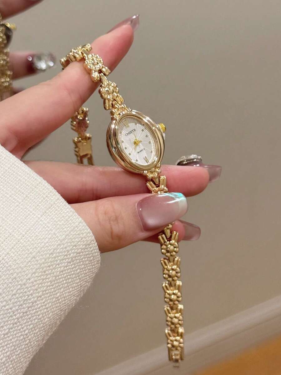 1件女款橢圓石英手錶,復古奢華極簡設計,時尚百搭,適合日常配戴 - 金色 - 查看 1