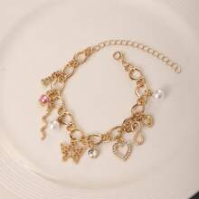 Cute Y2K Gold Chunky Link Charm Bracelet, Butterfly Heart Pearl Pink Flower Multi Charms Wrist Bracelet For Daily Outfit - Yellow Gold - View 3