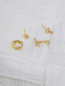 4Pcs Stainless Steel Zirconia Stud Jacket Hoop Earring Set, 18K Gold Plated Crown Flower Stud Earrings Cartilage Piercing Jewelry For Women Daily Gift - Gold - View 5