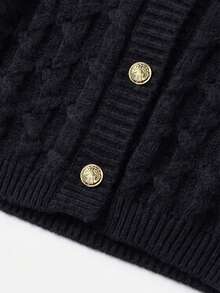 Knit Mix Elegant Women's French Style Autumn/Winter Knit Cardigan, Casual Daily Home Basic Outerwear Black Fall - Black - View 11