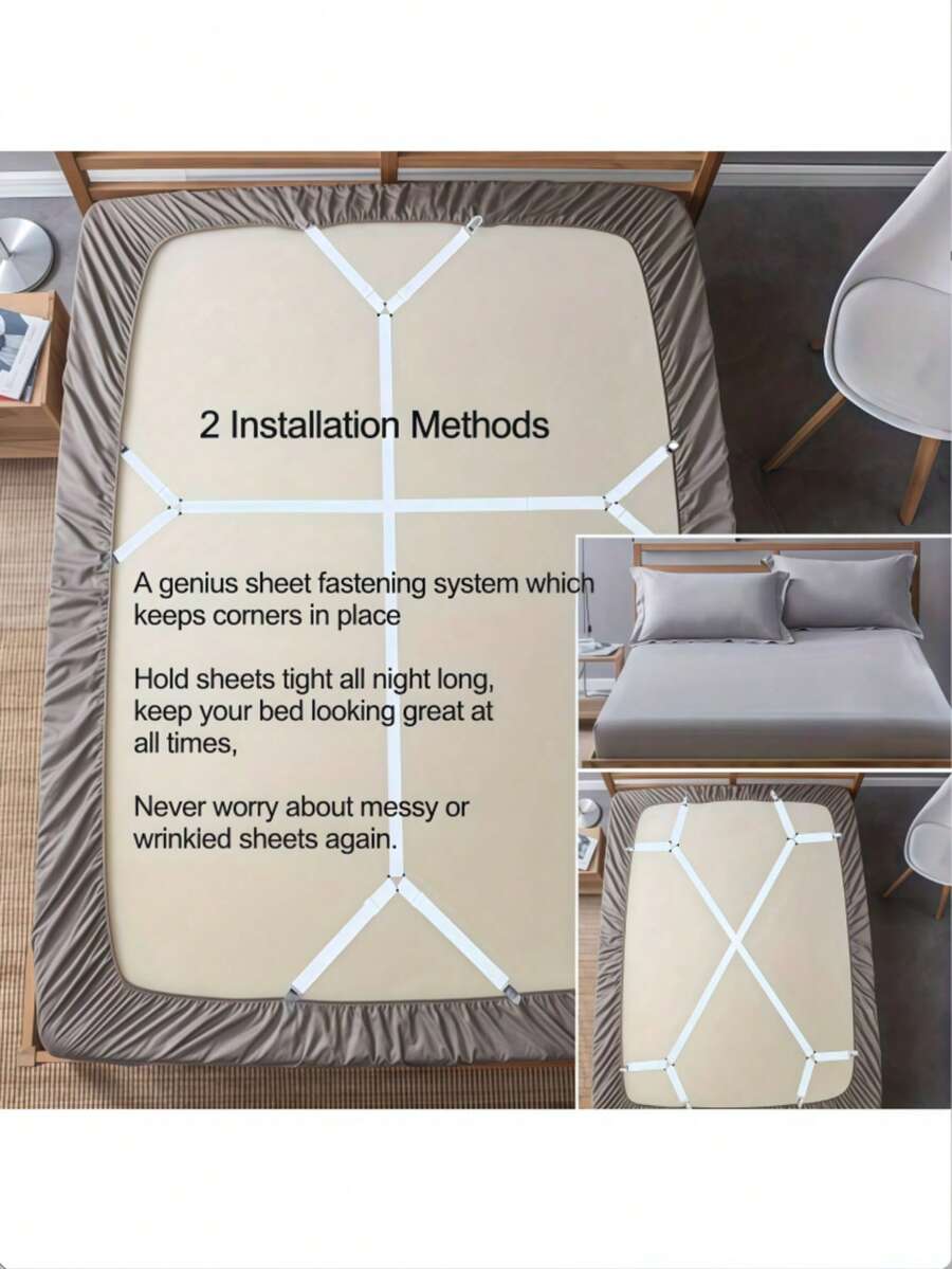 2pcs/4pcs Adjustable Cross Bed Sheet Fastener - Elastic Fitted Sheet Clips, Triangle Design, Long 2-Side 4-Clip, (Clips Can Be Reassembled And Reused) Suitable For All Mattresses Secure Fixing Clips, Machine Washable Fasteners, Supports Multiple Installation Methods