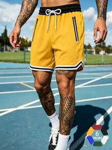 Men's Loose Fit Basketball Shorts, Elastic Drawstring Waist, Zipper Pockets, Striped Hem, Breathable Fitness Training Casual Sports Knee Length Shorts - Yellow - View 5