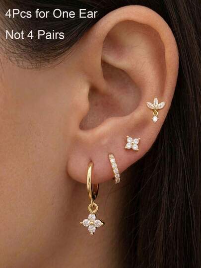 4Pcs Earrings Set Zirconia Flower Dangle Small Hoop Crown Stud Stackable Set, 18K Gold Plated Stud Earrings Cartilage Piercing Jewelry Stack For Women