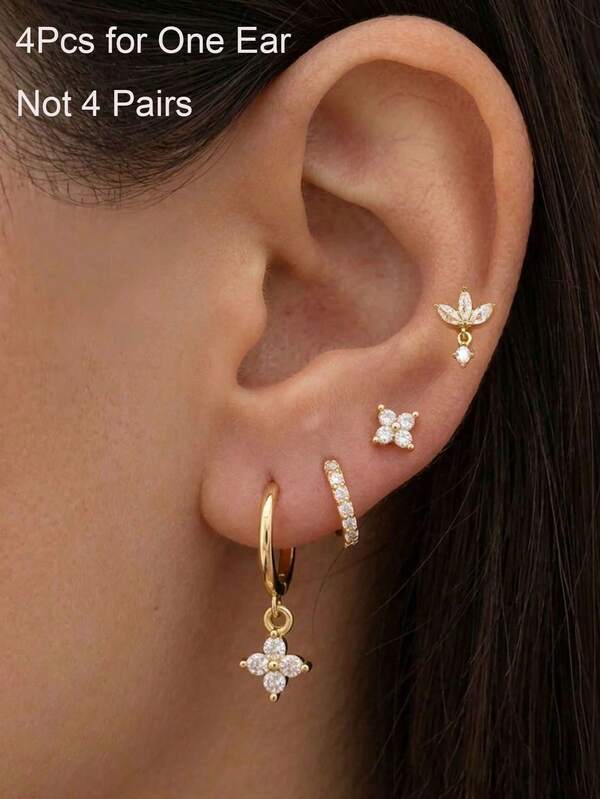 4pcs/Set Women's Earring Set, Zirconia Flower Pendant Small Hoop Earrings Crown Stud Earrings Stackable Set, 18K Gold Plated Ear Studs Cartilage Piercing Jewelry