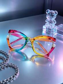 1 Pair Y2K Rainbow Gradient Cat-Eye Glasses, Color Gradient Frames Inlaid With Pearls, Perfect For Summer Trips, Street Shots & Party Accessories - 彩虹色 - 查看 2
