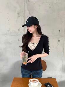 Women's Lace Patchwork 2 In 1 Long Sleeve T-Shirt, Slim Fit, Flattering, Inner Layer Base Top Black - Black - View 3