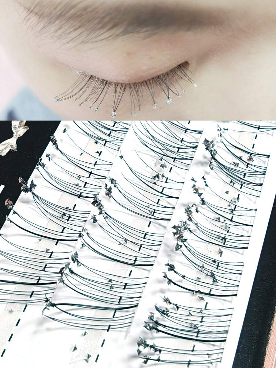 Glue-Free Natural-Looking Segmented False Eyelashes With Crushed Diamond Effect, Wispy Single-Cluster Starry Sky Look, Photogenic Snow-Like Glitter Eyelashes For Daily Wear, Flirty Manga Style, Shiny Sparkle