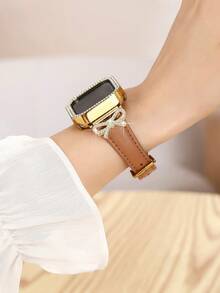 1pc Luxury Rose Gold Diamond Bow Watch Band + Double Row Rhinestone Hollow Watch Case Compatible With Apple Watch 38/40/41/42/44/45/46/49mm/Ultra/SE/11-1 Series, Suitable For Spring/Summer Wear, Back To School Gift, Fashion Women Accessory, Brown Band + Gold Case, Smart Watch Band Accessory Set - Brown - View 3