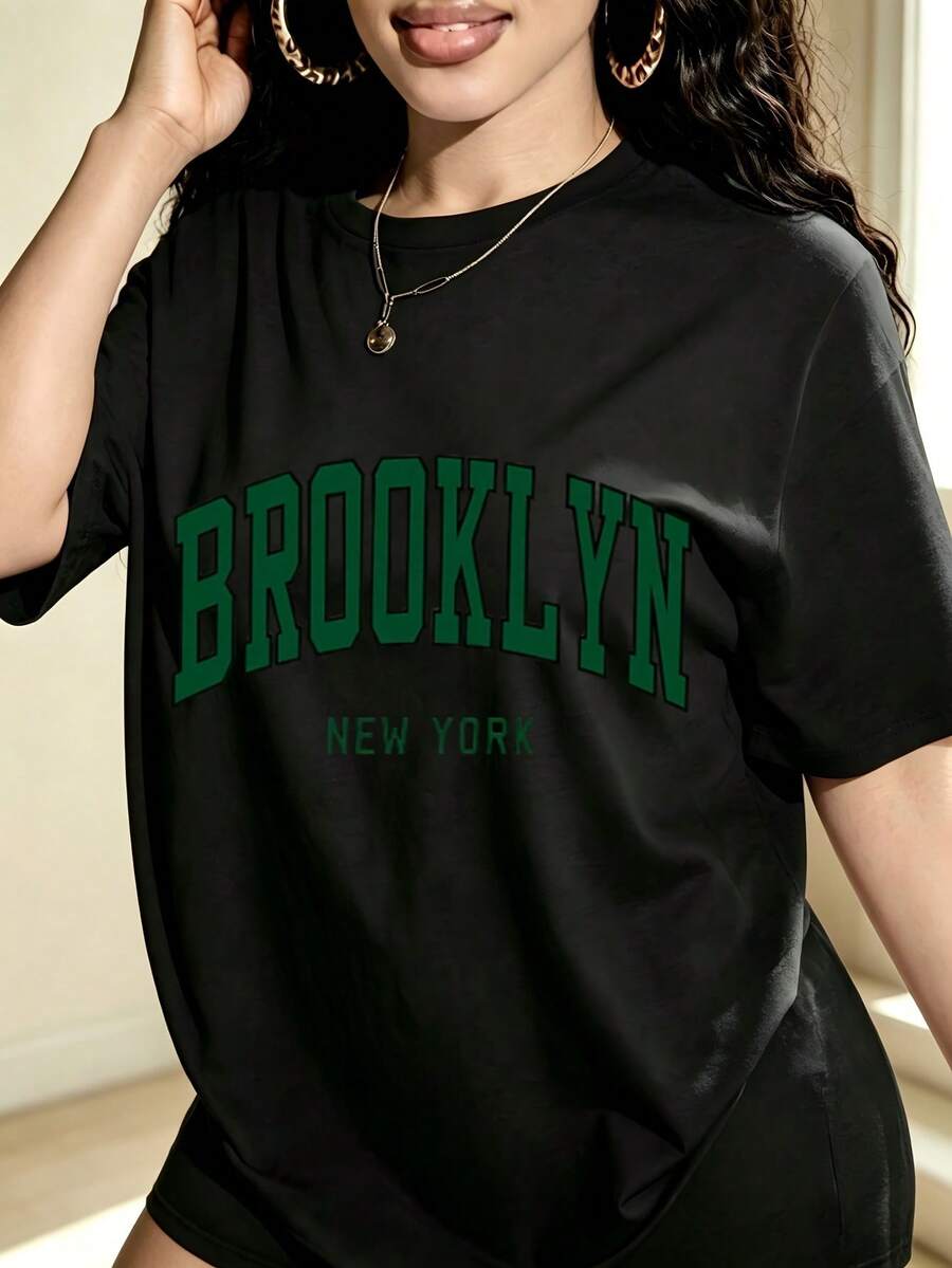 Brooklyn New York Print Women Short Sleeve T Shirt Fashion Trendy Design Casual Outdoor Leisure Perfect Choice Daily Wear Gift For Her - Negro - Ver 1